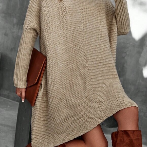 Khaki Casual Womens Turtleneck Batwing Sleeve Sweater Dress - Picture 4 of 5